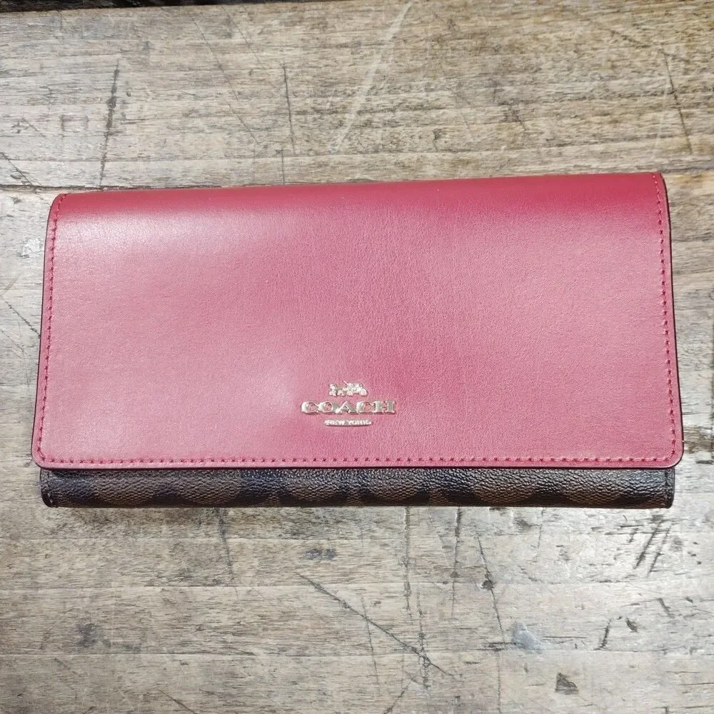 Coach Signature Slim Trifold Wallet Red Brown Black EXCELLENT CONDITION